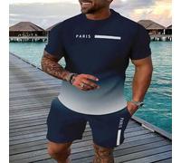 Shein Conjunto de chándal casual inspirado en París para hombres - Camiseta cuello redondo y pantalón corto, tela de punto, ajuste regular, mezcla de poliés