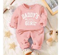 Shein Conjunto de chándal suave de color rosa pálido "La pequeña de papá ❤" con sudadera de cuello redondo de manga larga gruesa y suave y pantalones, adecu