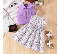 Shein Conjunto de chaqueta sin mangas de unicolor casual para niñas jóvenes, con camisa corta abotonada y vestido floral pequeño y con motivos, adecuado par