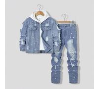 Shein Conjunto de chaqueta vaquera y jeans para niños preadolescentes, estilo streetwear con chaqueta vaquera desgastada y lavada a la piedra combinada con