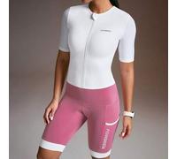 Shein Conjunto de ciclismo de top con cremallera de cuello redondo blanco y shorts rosas para mujer