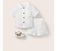 Shein Conjunto De Color Sólido Para Niño Para Primavera/verano Camisa Con Parche De Bolsillo Y Pantalones Cortos