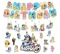 Shein Conjunto de decoración para fiesta temática de la familia y amigos de Bluey, que incluye pancarta, globos, decoración para pastel, personajes de dibuj