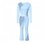 Shein Conjunto de dos piezas de camiseta de manga larga con cuello redondo y estampado de leopardo en parches, y pantalones acampanados con cordón y estampa