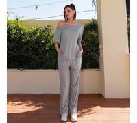 Shein Conjunto de dos piezas de camiseta sin hombros y pantalones anchos de chándal minimalista, para uso diario, salir y hacer deporte, cómodo estilo urban