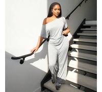 Shein Conjunto de dos piezas de camiseta sin hombros y pantalones anchos de chándal minimalista, para uso diario, salir y hacer deporte, cómodo estilo urban