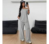 Shein Conjunto de dos piezas de camiseta sin hombros y pantalones anchos de chándal minimalista, para uso diario, salir y hacer deporte, cómodo estilo urban