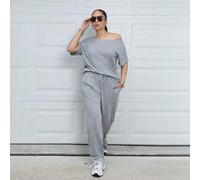 Shein Conjunto de dos piezas de camiseta sin hombros y pantalones anchos de chándal minimalista, para uso diario, salir y hacer deporte, cómodo estilo urban