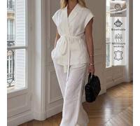 Shein Conjunto de dos piezas de lino unicolor casual elegante para ir al trabajo estilo intelectual retro con cinturón en la cintura y pantalones blanco ver