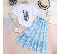 Shein Conjunto de dos piezas de niña adolescente con parte superior estampada de personaje y falda línea A con estampado de flor menuda