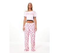 Shein Conjunto de dos piezas de pijama con top corto con hombros descubiertos y estampado de beso, y pantalón para el Día de San Valentín