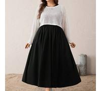 Shein Conjunto de dos piezas de top de manga larga semitransparente color albaricoque y vestido largo con chaleco negro para mujer talla grande, estilo casu