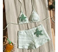 Shein Conjunto de dos piezas de traje de baño para mujer con pantalones de pierna recta, cuello halter con lazo, adorno de estrella de mar oceánica, tela te