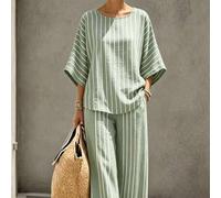 Shein Conjunto de dos piezas estilo francés relajado con rayas y mangas acampanadas - Top holgado y transparente de verano para vacaciones con efecto estili