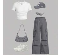 Shein Conjunto de dos piezas para adolescente: playera de punto y plisada con cuello de costilla y pantalones informales con bolsillos tipo fuelle