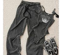 Shein Conjunto de dos piezas para adolescentes: Body de punto acanalado negro con lavado ácido y letras, pantalón de chándal holgado con cordón, ropa casual