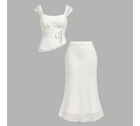 Shein Conjunto de dos piezas para mujer blanco, de verano, elegante, para invitada de boda, con top de encaje texturizado y falda midi de sirena, cuello cua