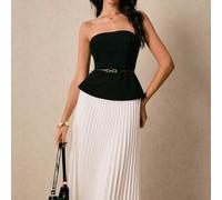 Shein Conjunto de dos piezas para mujer, blusa negra y falda plisada elegante, conjunto de vacaciones, conjunto elegante para mujer, estilo "old money", con