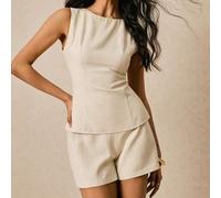Shein Conjunto de dos piezas para mujer, traje de lino con pantalones cortos, chaleco con lazo en la cintura, casual elegante, color beige, 2 piezas/set, to