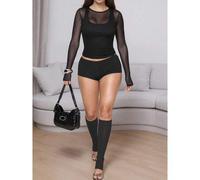 Shein Conjunto de dos piezas semi-transparente y sexy de color negro con cuello redondo y tela de estiramiento medio para fiestas