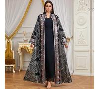Shein Conjunto de dos piezas Siskakia para mujer árabe, con cinta de malla y diamantes, manga larga con cinturón, vestido largo negro de primavera estilo Ab
