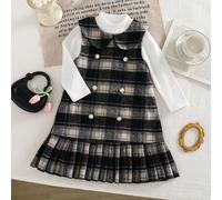 Shein Conjunto de estilo coreano retro de academia para niñas, vestido peto de cuadros grandes vintage en negro & gris con cuello Peter Pan y lazo, botones