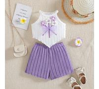 Shein Conjunto de estilo para bebé niña de 0 a 3 años: Top halter beige con flores de ganchillo y lazo, shorts acanalados marrones