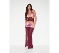 Shein Conjunto de falda maxi con top halter de crochet con estampado de palma, para festival, resort de playa, vacaciones de verano, fiesta y eventos hawaia