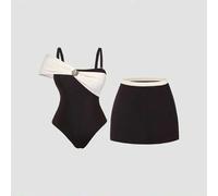 Shein Conjunto de falda y traje de baño de una pieza con bloques de color y patchwork para tallas grandes