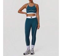 Shein Conjunto de gimnasio de 2 piezas para mujer con contraste de color: Sujetador deportivo elástico sin costuras frontales y mallas de yoga de cintura el