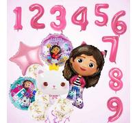 Shein Conjunto de globos temáticos de Gabby's Dollhouse, globos decorativos festivos para fiestas y reuniones, números rosas + globos de película de alumini