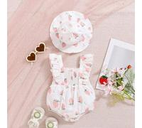 Shein Conjunto de gorro de sol y body con estampado de fresas para bebé niña, con mangas cortas