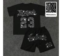 Shein Conjunto de hombre con adornos de strass negros, con gráfico de Los Ángeles 23, estilo de ropa urbana estadounidense, adecuado para uso casual, fiesta