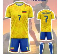 Shein Conjunto de jersey y pantalones cortos de la selección de fútbol de Colombia 2026, jersey con estampado de mariposa amarilla y pantalones cortos azule