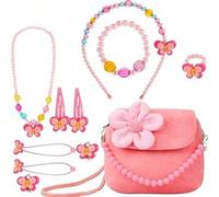 Shein Conjunto de joyas para niños, monederos de peluche para niñas pequeñas con collar, pulsera, anillo y aretes, conjunto de joyas, lindo bolso, mi primer