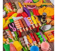 Shein Conjunto de juguete de barbacoa de juego simulado para niños, con parrilla, bandeja, comida realista, pinchos de cocina y pinchos de carne asada. Rega