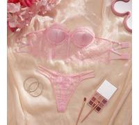 Shein Conjunto de lencería de sujetador con aros y tanga con encaje y pestañas