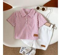 Shein Conjunto de manga corta a rayas para bebé niño, con rayas entretejidas en gris claro y blanco, de estilo minimalista y clásico. Cuello con diseño de b