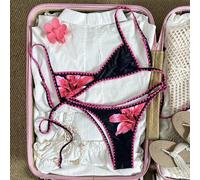 Shein Conjunto de microbikini de mujer con decoración floral de ganchillo en crema, amarillo y rosa, para primavera/verano