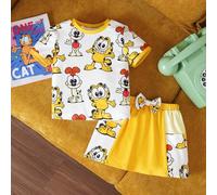 Shein Conjunto de moda de verano para niña bebé con camiseta de manga corta casual blanca con diseño de cachorrito lindo y falda amarilla