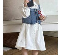 Shein Conjunto de moda para bebé niña que incluye peto vaquero, vestido camisa y chaleco, apto para uso diario y actividades casuales