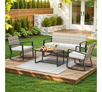 Shein Conjunto de muebles de jardín para 4 personas con 2 mecedoras, sillón doble, mesa de cristal, poliratán resistente a la intemperie con cojines de asie