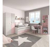 Shein Conjunto de muebles para habitación juvenil rosa, blanco y gris, cama nido somier 90x190/90x180 cm, armario con barra colgadora y 3 estantes, escritor