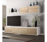 Shein Conjunto de muebles salón moderno Roble Canadian Blanco Mate, mueble de TV 200 cm, módulo superior, estante, 4 puertas, 2 puertas adicionales, decorac