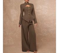 Shein Conjunto de mujer con pantalón corto de pierna recta, cuello alto, cintura ceñida con botón de metal y manga larga