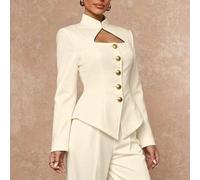 Shein Conjunto de mujer con pantalón corto de pierna recta, cuello alto, cintura ceñida con botón de metal y manga larga