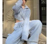 Shein Conjunto de mujer de otoño e invierno Pure-Yu Edgy-Girl de color azul claro esponjoso | Sudadera corta + pantalones cargo de pierna ancha, tela suave