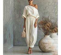 Shein Conjunto de mujer primavera/verano casual para vacaciones y uso diario minimalista versátil de unicolor con top de cuello asimétrico y manga con pesta