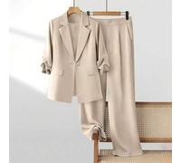 Shein Conjunto de mujer primavera/verano ligero para ir al trabajo con blazer de diseño plisado, manga 3/4, holgado, de un solo pecho, un botón, con bolsill