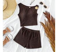 Shein Conjunto de niña adolescente con parte superior sin mangas de textura marrón oscuro y decoración de hebilla de flor de metal de un solo lado; conjunto